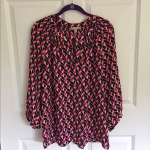 Banana Republic pink, navy and white geo blouse